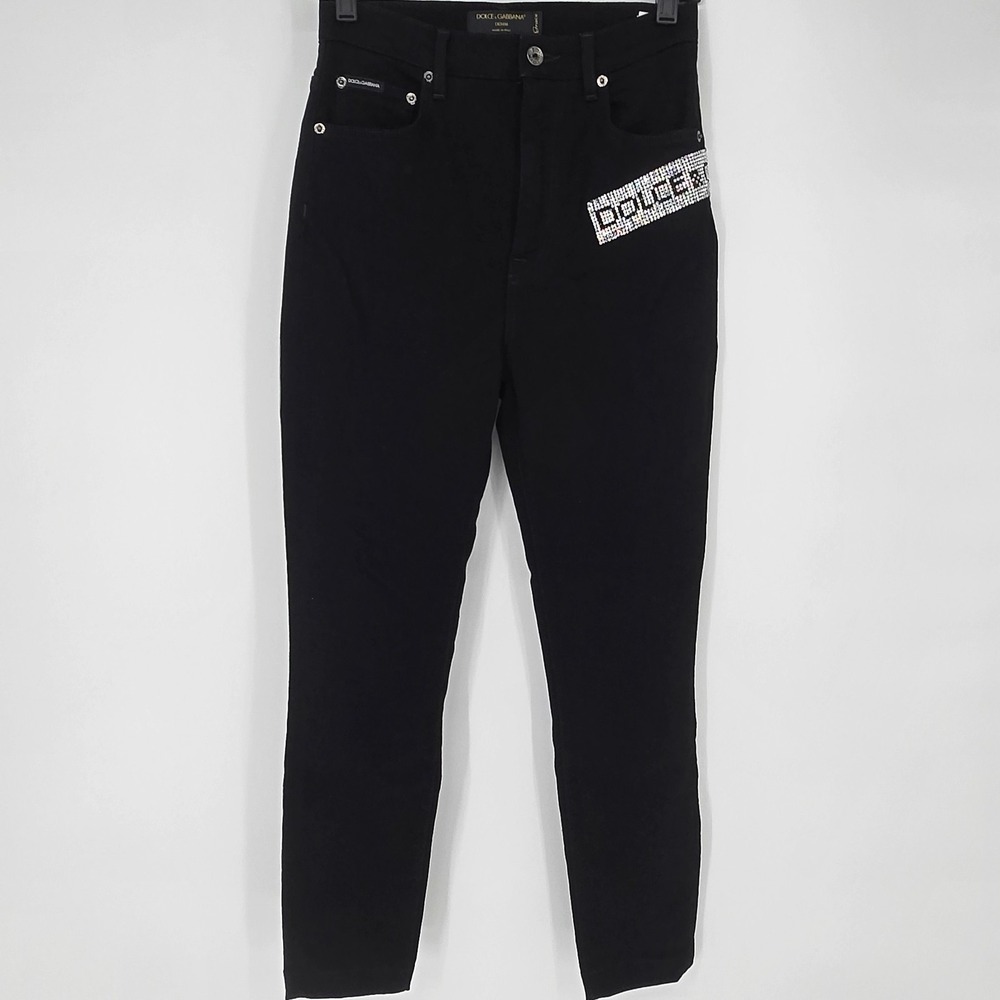Dolce & Gabbana Grace Swarovski Crystal Logo Black Skinny Jeans IT 40 US 4 Glam